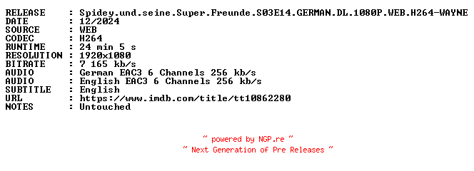 NFO for the release Spidey.und.seine.Super.Freunde.S03E14.GERMAN.DL.1080P.WEB.H264-WAYNE by WAYNE
