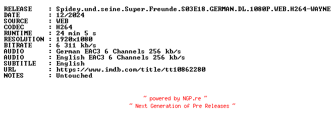 NFO for the release Spidey.und.seine.Super.Freunde.S03E18.GERMAN.DL.1080P.WEB.H264-WAYNE by WAYNE