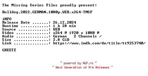 NFO for the release Bulldog.2022.GERMAN.1080p.WEB.x264-TMSF by TMSF