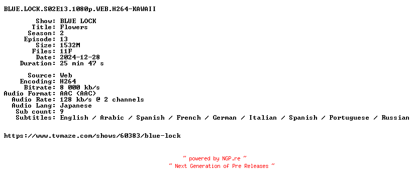 NFO for the release BLUE.LOCK.S02E13.1080p.WEB.H264-KAWAII by KAWAII