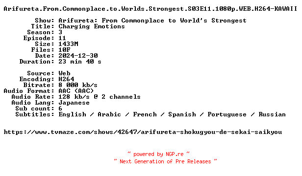 NFO for the release Arifureta.From.Commonplace.to.Worlds.Strongest.S03E11.1080p.WEB.H264-KAWAII by KAWAII