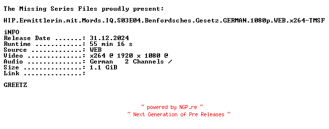 NFO for the release HIP.Ermittlerin.mit.Mords.IQ.S03E04.Benfordsches.Gesetz.GERMAN.1080p.WEB.x264-TMSF by TMSF