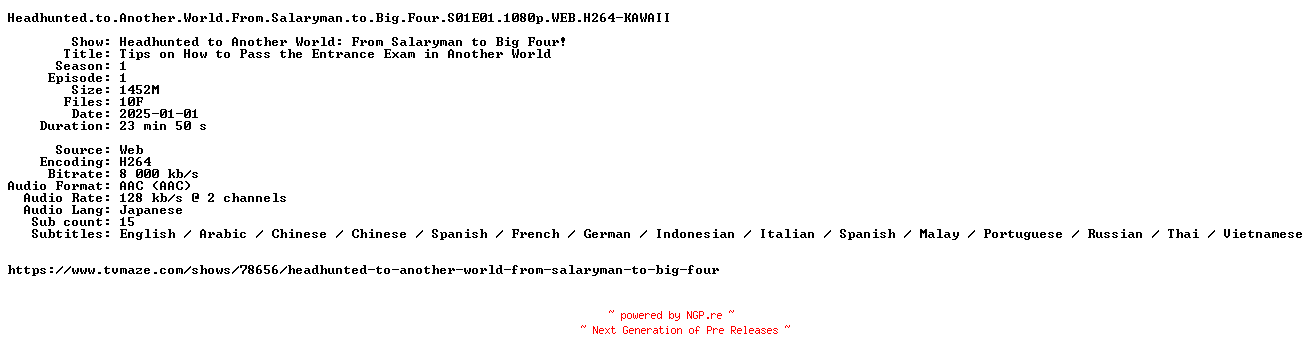 NFO for the release Headhunted.to.Another.World.From.Salaryman.to.Big.Four.S01E01.1080p.WEB.H264-KAWAII by KAWAII