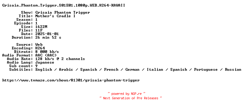 NFO for the release Grisaia.Phantom.Trigger.S01E01.1080p.WEB.H264-KAWAII by KAWAII