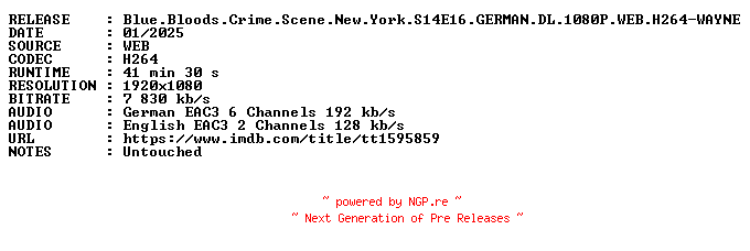 NFO for the release Blue.Bloods.Crime.Scene.New.York.S14E16.GERMAN.DL.1080P.WEB.H264-WAYNE by WAYNE