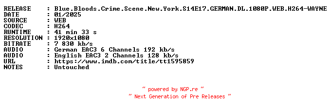 NFO for the release Blue.Bloods.Crime.Scene.New.York.S14E17.GERMAN.DL.1080P.WEB.H264-WAYNE by WAYNE