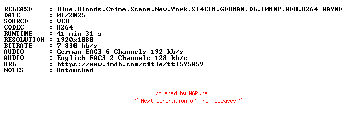 NFO for the release Blue.Bloods.Crime.Scene.New.York.S14E18.GERMAN.DL.1080P.WEB.H264-WAYNE by WAYNE