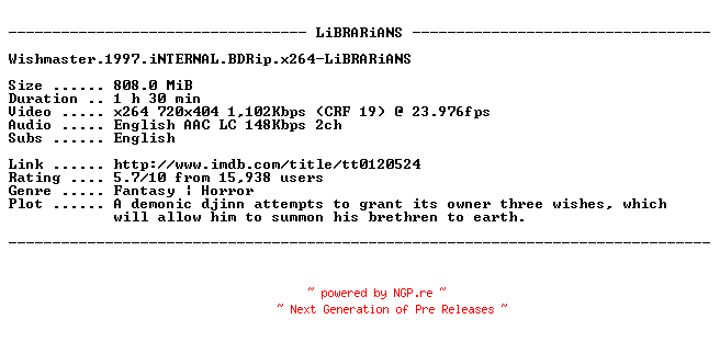 NFO for the release Wishmaster.1997.iNTERNAL.BDRip.x264-LiBRARiANS by LiBRARiANS