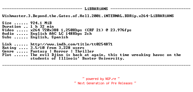 NFO for the release Wishmaster.3.Beyond.the.Gates.of.Hell.2001.iNTERNAL.BDRip.x264-LiBRARiANS by LiBRARiANS