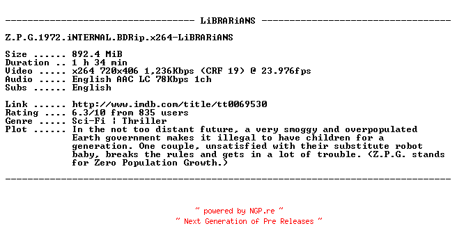 NFO for the release Z.P.G.1972.iNTERNAL.BDRip.x264-LiBRARiANS by LiBRARiANS