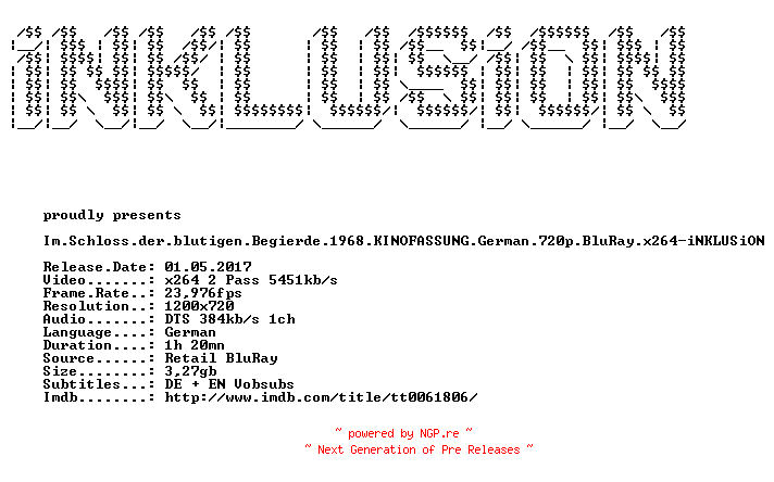 NFO for the release Im.Schloss.der.blutigen.Begierde.1968.KiNOFASSUNG.German.720p.BluRay.x264-iNKLUSiON by iNKLUSiON