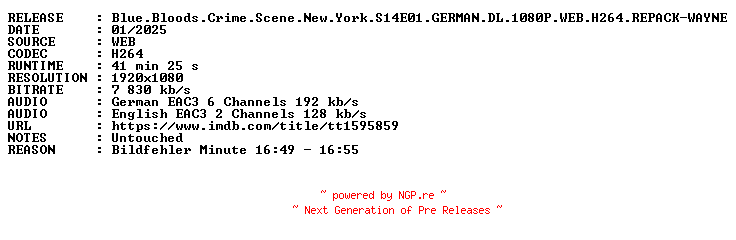 NFO for the release Blue.Bloods.Crime.Scene.New.York.S14E01.GERMAN.DL.1080P.WEB.H264.REPACK-WAYNE by WAYNE