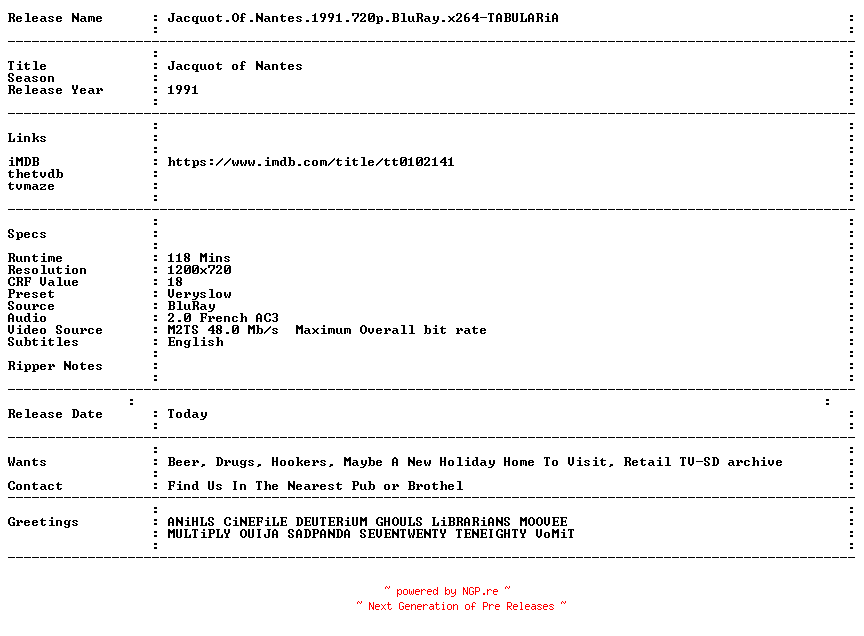 NFO for the release Jacquot.Of.Nantes.1991.720p.BluRay.x264-TABULARiA by TABULARiA