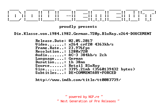 NFO for the release Die.Klasse.von.1984.1982.German.720p.BluRay.x264-DOUCEMENT by DOUCEMENT