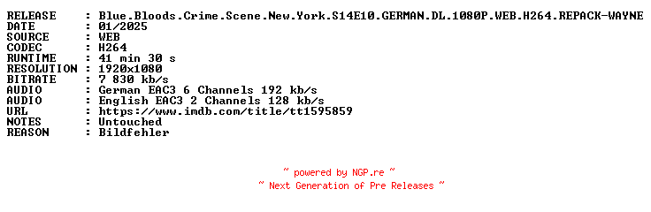 NFO for the release Blue.Bloods.Crime.Scene.New.York.S14E10.GERMAN.DL.1080P.WEB.H264.REPACK-WAYNE by WAYNE