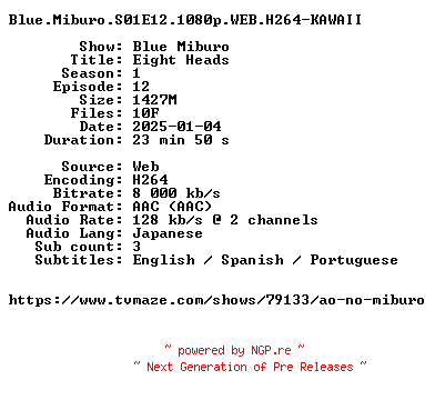 NFO for the release Blue.Miburo.S01E12.1080p.WEB.H264-KAWAII by KAWAII