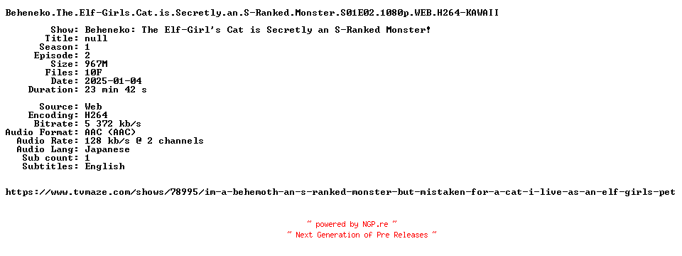 NFO for the release Beheneko.The.Elf-Girls.Cat.is.Secretly.an.S-Ranked.Monster.S01E02.1080p.WEB.H264-KAWAII by KAWAII
