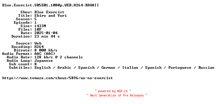 NFO for the release Blue.Exorcist.S05E01.1080p.WEB.H264-KAWAII by KAWAII