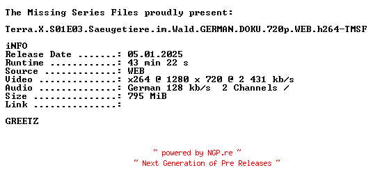 NFO for the release Terra.X.S01E03.Saeugetiere.im.Wald.GERMAN.DOKU.720p.WEB.h264-TMSF by TMSF