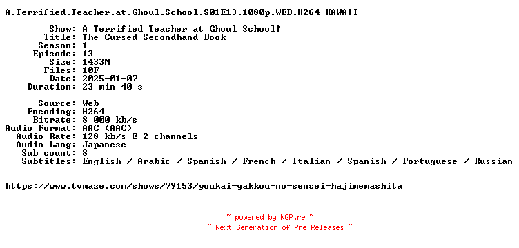 NFO for the release A.Terrified.Teacher.at.Ghoul.School.S01E13.1080p.WEB.H264-KAWAII by KAWAII