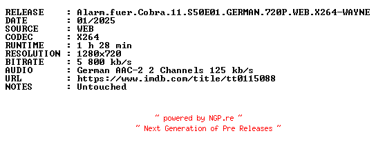 NFO for the release Alarm.fuer.Cobra.11.S50E01.GERMAN.720P.WEB.X264-WAYNE by WAYNE