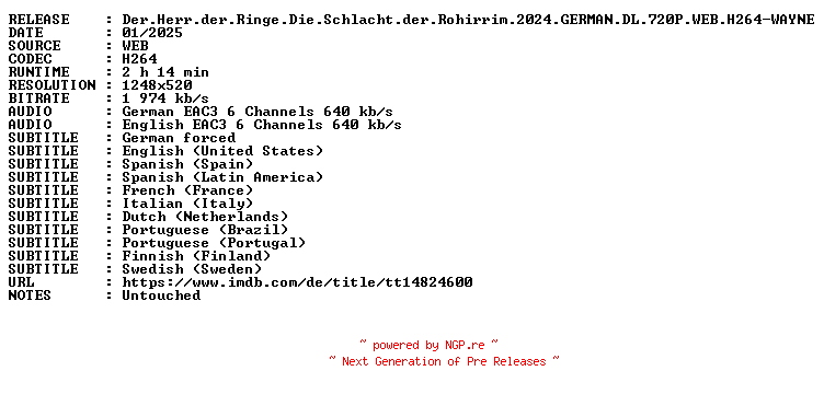 NFO for the release Der.Herr.der.Ringe.Die.Schlacht.der.Rohirrim.2024.GERMAN.DL.720P.WEB.H264-WAYNE by WAYNE
