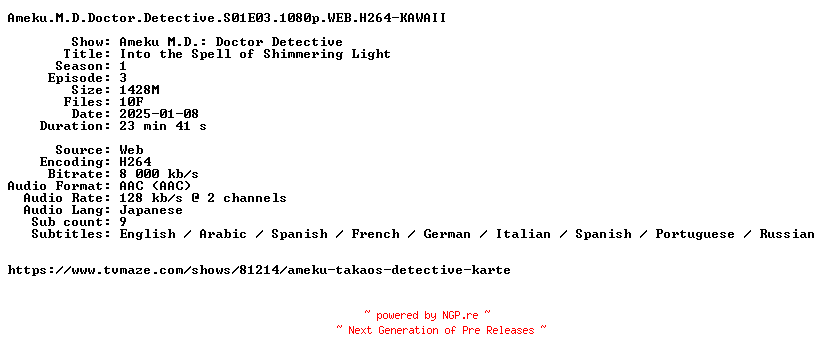 NFO for the release Ameku.M.D.Doctor.Detective.S01E03.1080p.WEB.H264-KAWAII by KAWAII