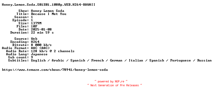 NFO for the release Honey.Lemon.Soda.S01E01.1080p.WEB.H264-KAWAII by KAWAII