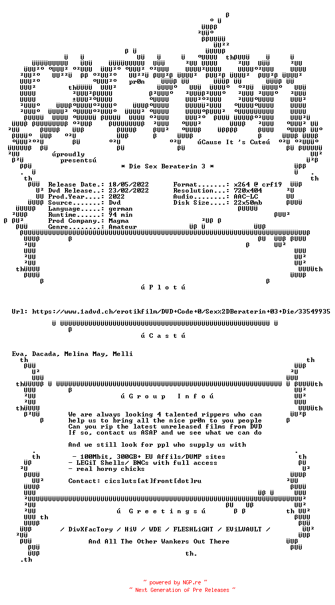 NFO for the release Die.Sex.Beraterin.3.German.XXX.DVDRip.x264-CiCXXX by CiCXXX