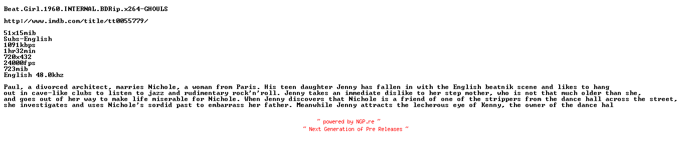 NFO for the release Beat.Girl.1960.INTERNAL.BDRip.x264-GHOULS by GHOULS