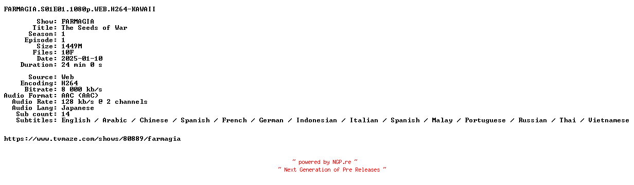 NFO for the release FARMAGIA.S01E01.1080p.WEB.H264-KAWAII by KAWAII