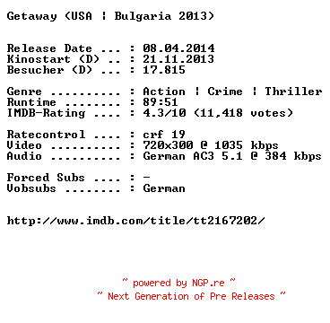 NFO for the release Getaway.German.BDRiP.x264-EXQUiSiTE by EXQUiSiTE