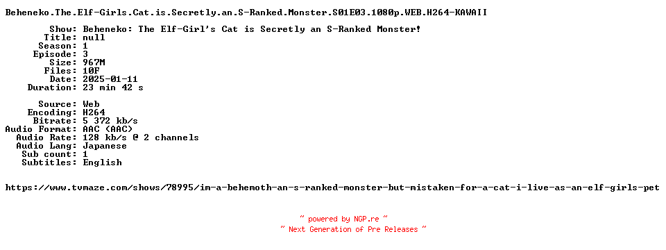 NFO for the release Beheneko.The.Elf-Girls.Cat.is.Secretly.an.S-Ranked.Monster.S01E03.1080p.WEB.H264-KAWAII by KAWAII