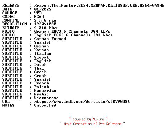 NFO for the release Kraven.The.Hunter.2024.GERMAN.DL.1080P.WEB.H264-WAYNE by WAYNE