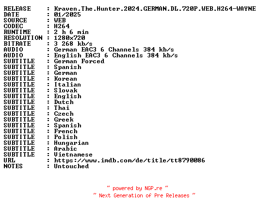 NFO for the release Kraven.The.Hunter.2024.GERMAN.DL.720P.WEB.H264-WAYNE by WAYNE