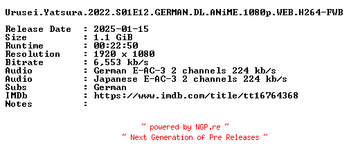 NFO for the release Urusei.Yatsura.2022.S01E12.GERMAN.DL.ANiME.1080p.WEB.H264-FWB by FWB