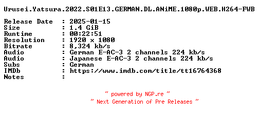 NFO for the release Urusei.Yatsura.2022.S01E13.GERMAN.DL.ANiME.1080p.WEB.H264-FWB by FWB