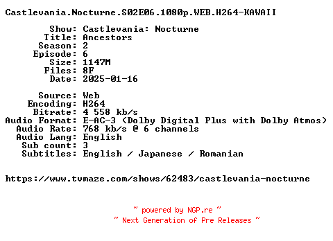 NFO for the release Castlevania.Nocturne.S02E06.1080p.WEB.H264-KAWAII by KAWAII