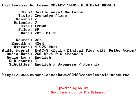 NFO for the release Castlevania.Nocturne.S02E07.1080p.WEB.H264-KAWAII by KAWAII