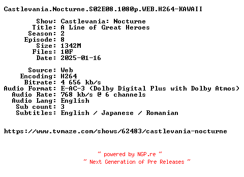 NFO for the release Castlevania.Nocturne.S02E08.1080p.WEB.H264-KAWAII by KAWAII