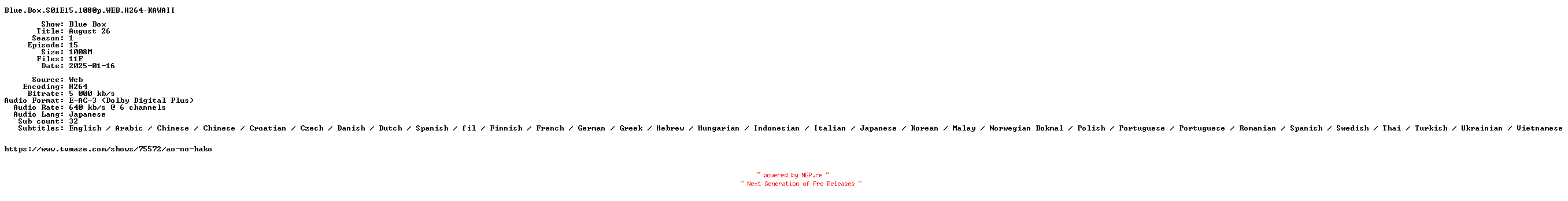 NFO for the release Blue.Box.S01E15.1080p.WEB.H264-KAWAII by KAWAII