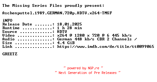 NFO for the release Aschenputtel.1989.GERMAN.720p.HDTV.x264-TMSF by TMSF