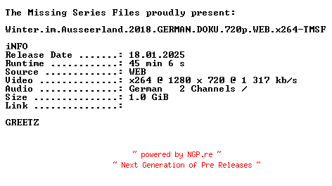 NFO for the release Winter.im.Ausseerland.2018.GERMAN.DOKU.720p.WEB.x264-TMSF by TMSF