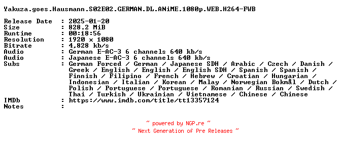 NFO for the release Yakuza.goes.Hausmann.S02E02.GERMAN.DL.ANiME.1080p.WEB.H264-FWB by FWB