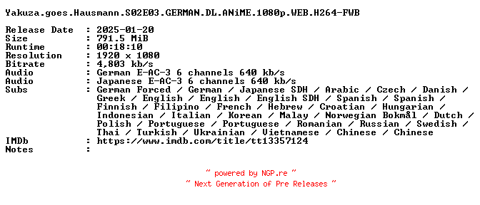 NFO for the release Yakuza.goes.Hausmann.S02E03.GERMAN.DL.ANiME.1080p.WEB.H264-FWB by FWB
