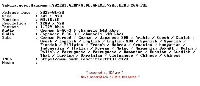 NFO for the release Yakuza.goes.Hausmann.S02E03.GERMAN.DL.ANiME.720p.WEB.H264-FWB by FWB