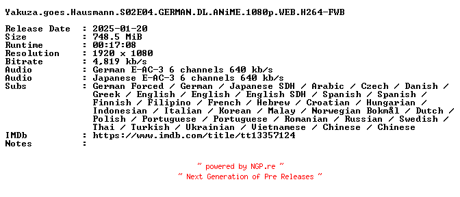 NFO for the release Yakuza.goes.Hausmann.S02E04.GERMAN.DL.ANiME.1080p.WEB.H264-FWB by FWB