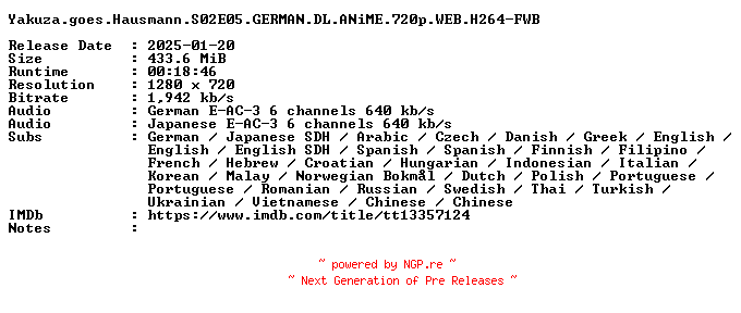 NFO for the release Yakuza.goes.Hausmann.S02E05.GERMAN.DL.ANiME.720p.WEB.H264-FWB by FWB