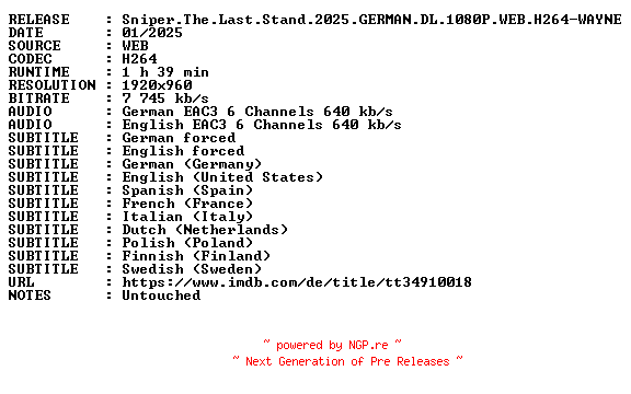 NFO for the release Sniper.The.Last.Stand.2025.GERMAN.DL.1080P.WEB.H264-WAYNE by WAYNE