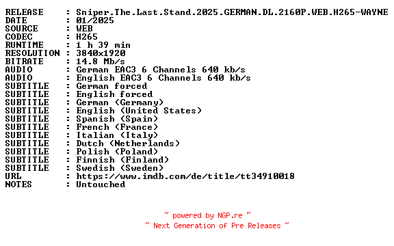 NFO for the release Sniper.The.Last.Stand.2025.GERMAN.DL.2160P.WEB.H265-WAYNE by WAYNE